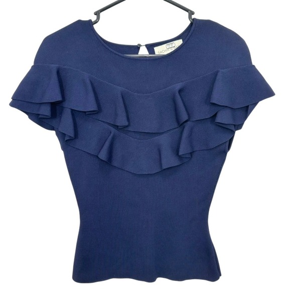 Sachin & Babi Vania Ribbed Ruffle Knit Navy Blue Top Feminine Maximalism Size Xs